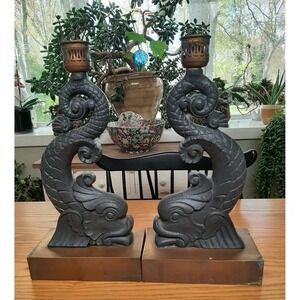 Two antique‎ cast iron Andirons( Fire dogs) candle holders.